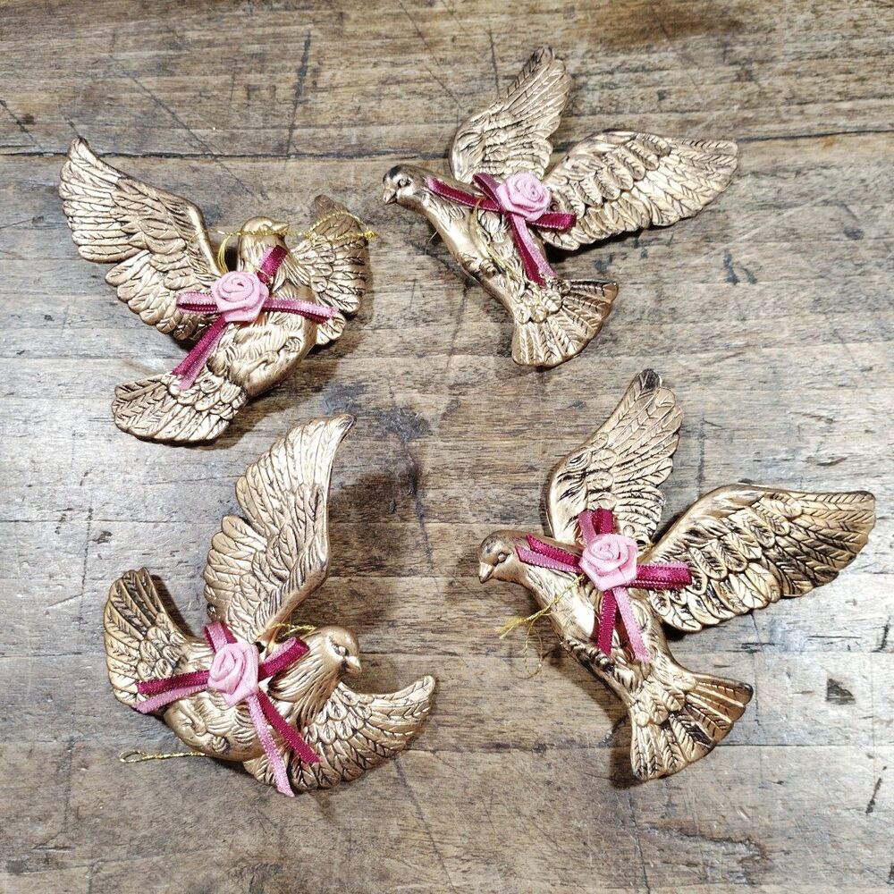 Four Vintage Gold Tone Birds Hanging Decor Ornaments Ribbon Rose Lot